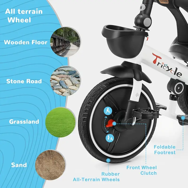1pc baby tricycle 6 in 1 baby push bike steer stroller learning toddler bike detachable guardrail adjustable canopy safety harness folding pedal storage basket brake shock absorption details 3