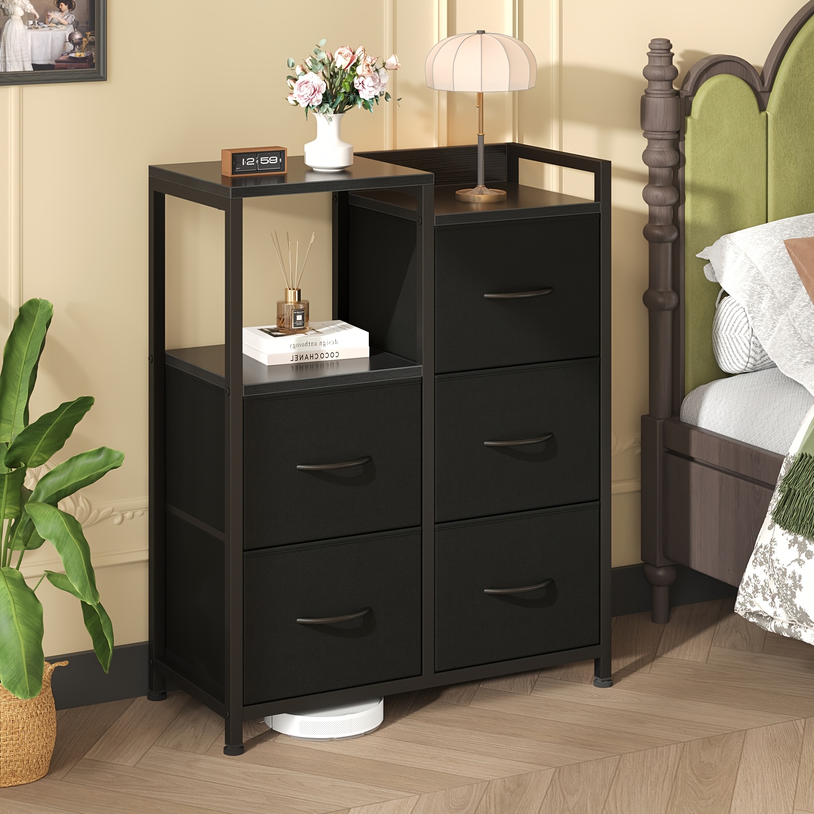 TEMU Office Chest File Cabinets With 5 Drawer, Dresser With Metal Frame And Wooden Tabletop, Clothing Drawer Fabric Wardrobe Entryway Storage Tower,