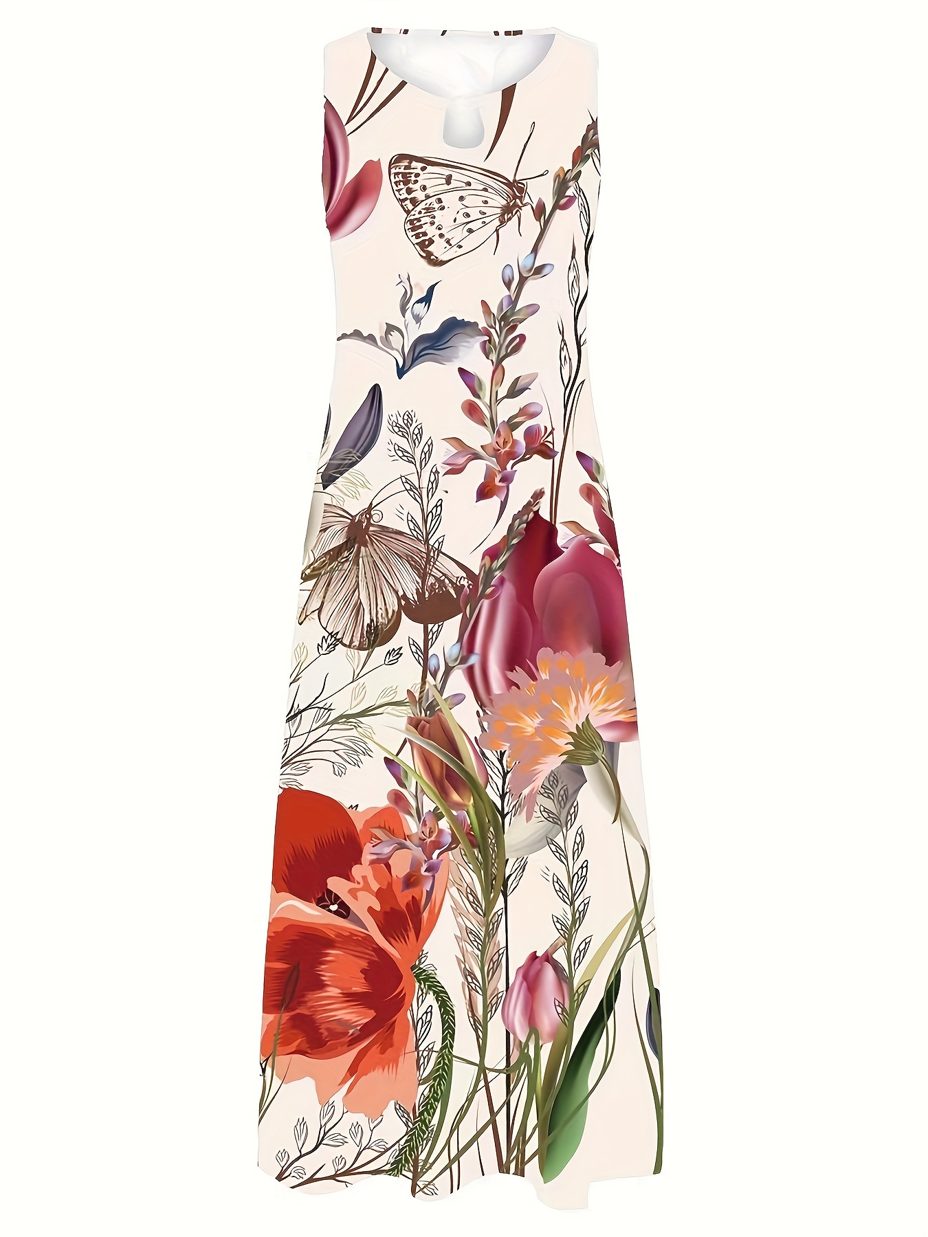 floral print ring decor tank dress elegant sleeveless pockets dress for spring summer womens clothing