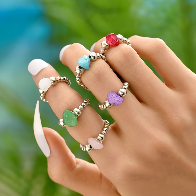 

6pcs/pack Bohemian Natural Stone Stretch Beaded Rings For Women, Elegant Elastic Band Rings With Resin Gemstones, Handcrafted Simple Summer Vacation Jewelry Set, Gift For Girlfriend