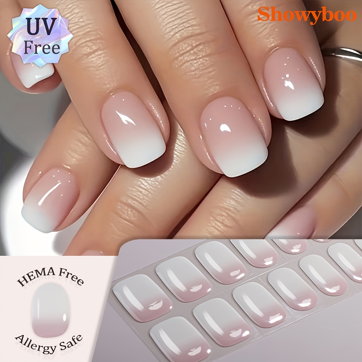 Image of 22pcs Ombre French Full Gel Nail Wraps, Pink White Gradient Self-adhesive Gel Nail Strips, Perfect For Women's Elegant Outfits And Nail Art