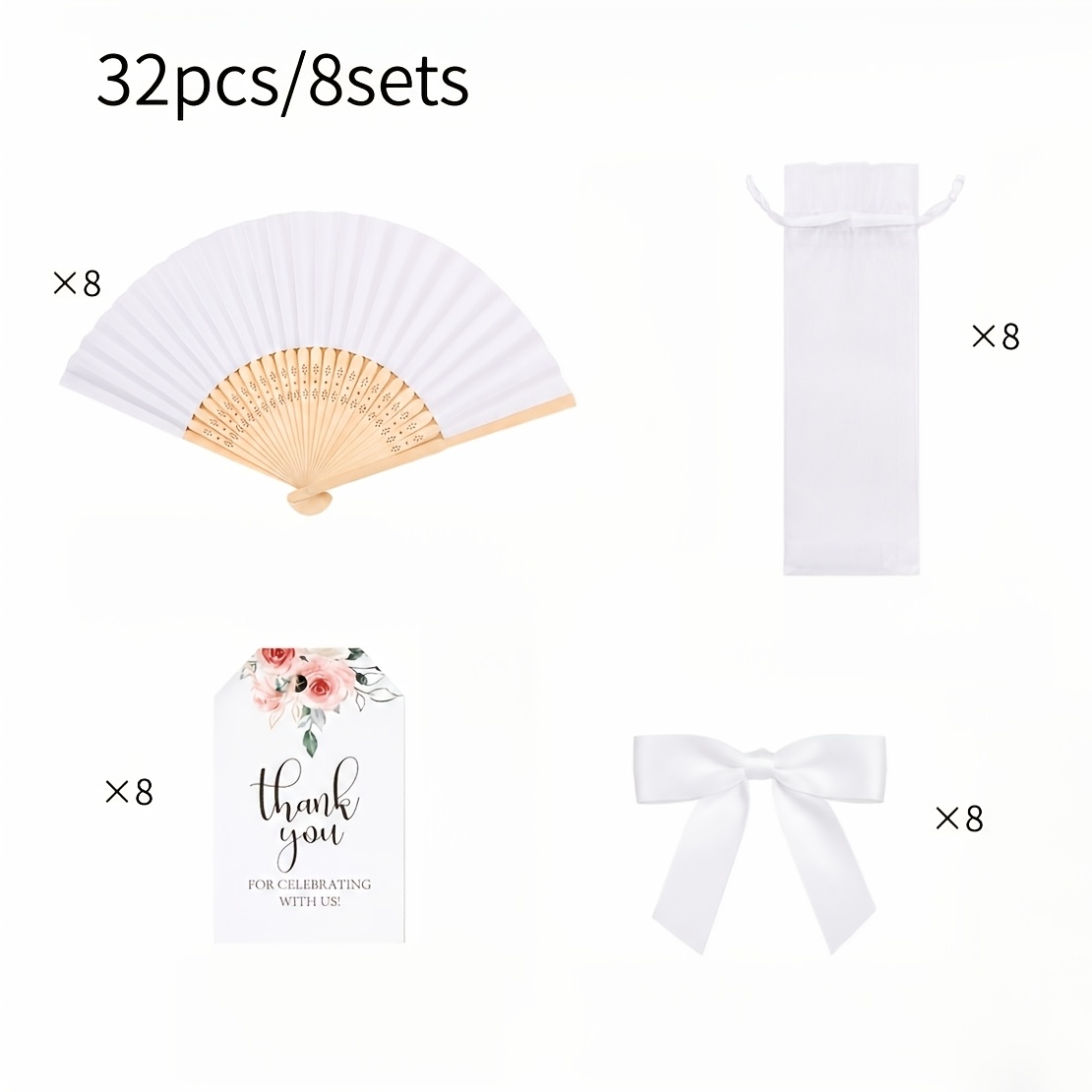 TEMU Ensemble de 32 éventails pliants portatifs : éventail pliant, sac en organza, carte de remerciement et nœud, idéal pour cadeaux de mariage,