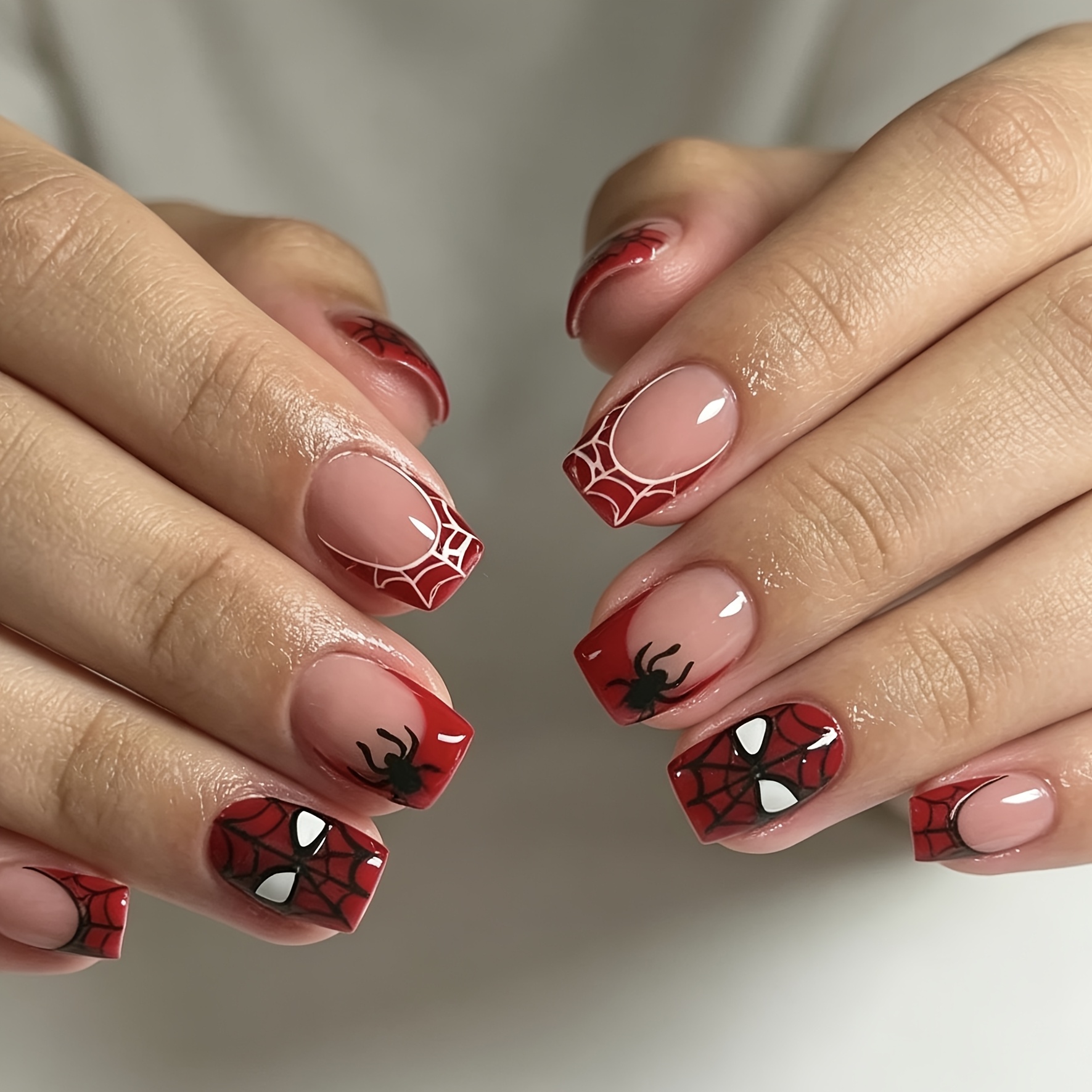 TEMU 24 Unghie Finte di Halloween, Corte e Quadrate con Design e Ragno, Adesivi per Unghie French, Decorazioni per Festosa, Idee per Donne, Unghie
