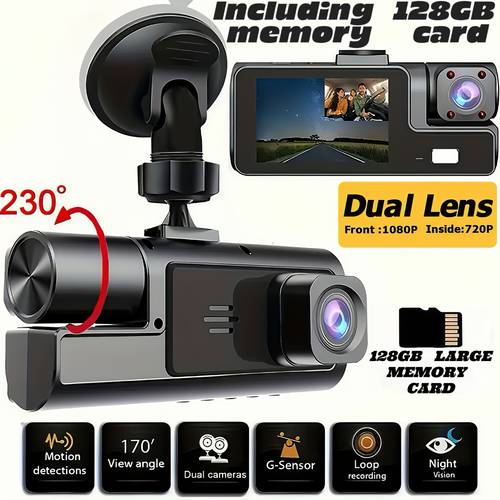 HD Supports 128GB Front And Rear Dual-Camera Dash Cam 1080P Front Camera + 720P Internal Camera 170 Degree Wide-Angle Enhancement Mini Car DVR Parking Monitoring Loop Recording Gravity Sensor Protection No Card/128Gb