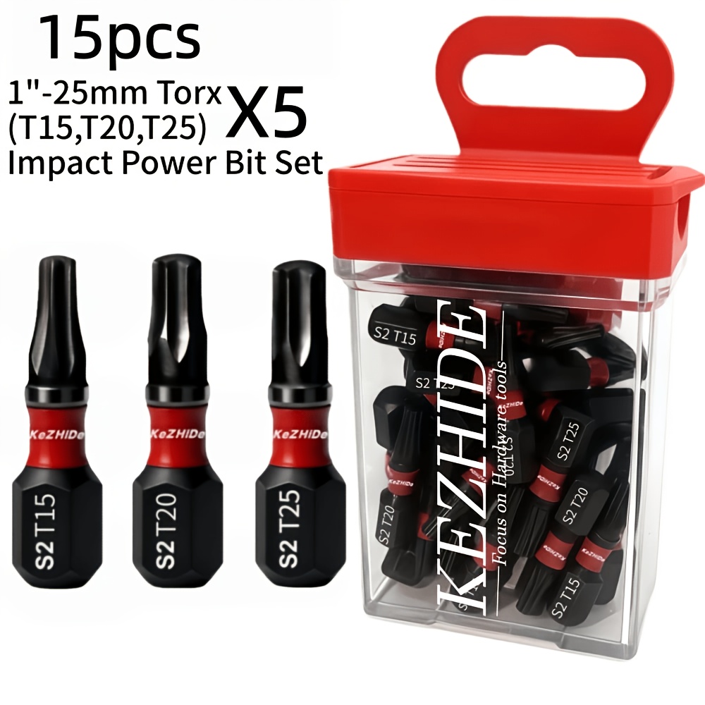 TEMU 15pcs Set - (t15, T20, T25) X 5 - 1-inch 25mm Impact Screwdriver, Portable, Drop-proof Red Plastic Case Packaging, Mountaineering Case, Suitable