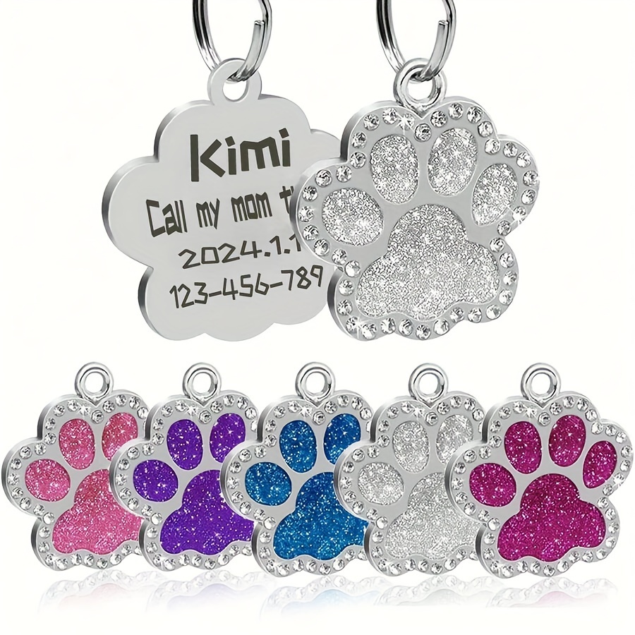 TEMU Personalized Pet Id Charm: Glittery Paw Shaped Dog Tag With Zinc Alloy Material - Perfect Gift For Your Furry Friend