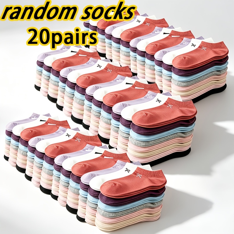 Image of Random 20-pair Macaron Bow Women's Boat Socks, Breathable And Skin-friendly Low-cut Invisible Short Socks, Versatile Anti-slip Basic Socks, Home, And Commuting