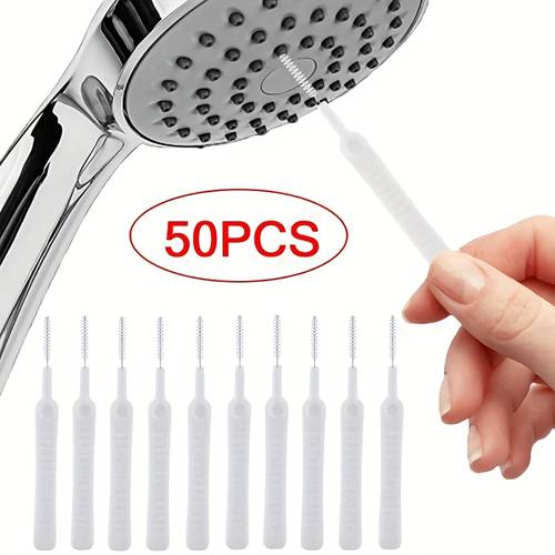 a set of 50 small brushes for cleaning showers preventing showerhead clogs and removing dust from keyboards and phone ports