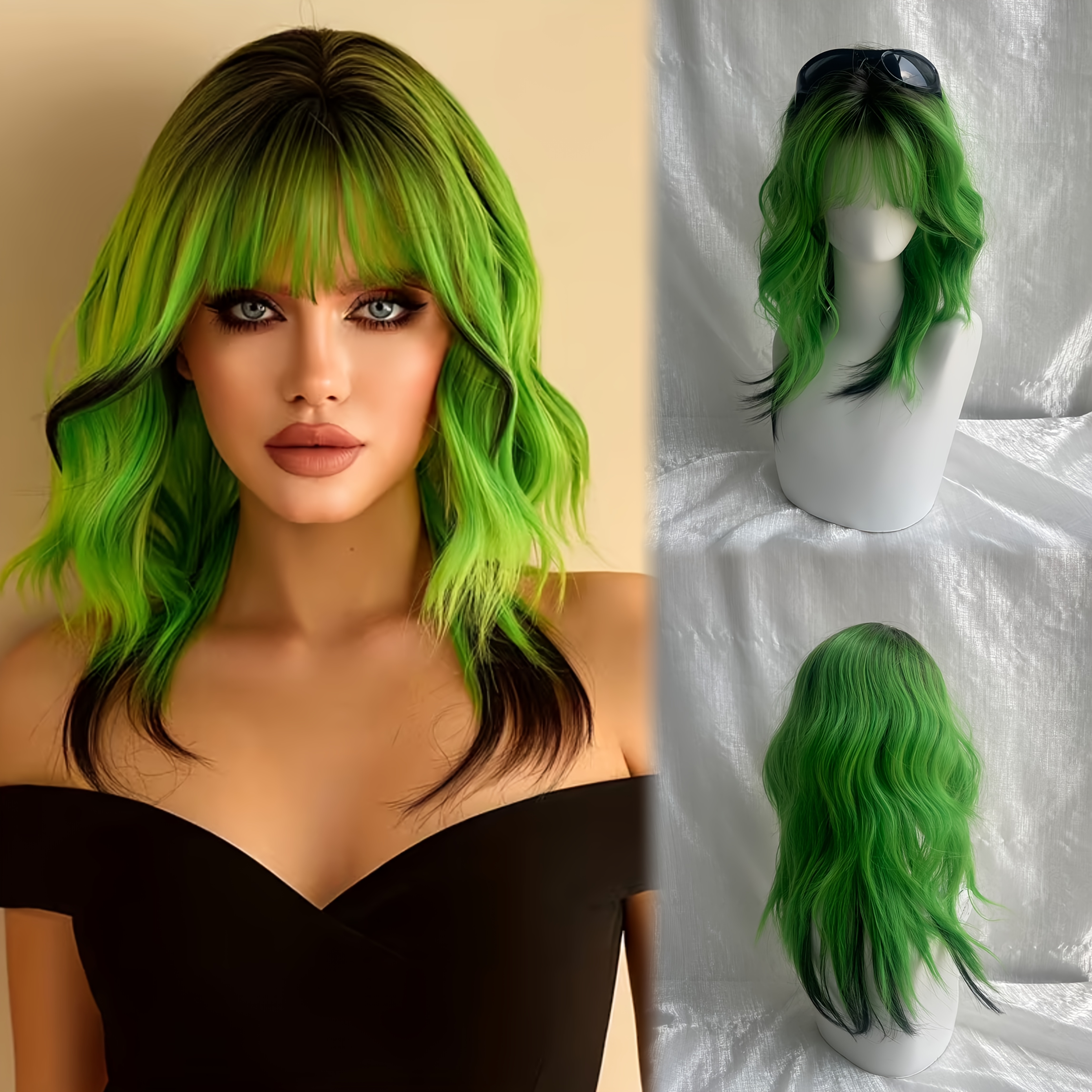 TEMU Halloween Cosplay Wigs Shoulder Length Water Wave Black Ombre Green Wig For Women Modest Fashion Wigs With Dark High Density Synthetic Layered