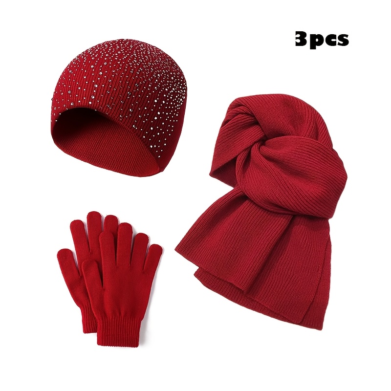 TEMU Ensemble 3 pièces Chapeau Étoile Gants Écharpe Automne Hiver Mode Cadeau Vacances Chapeau d'extérieur