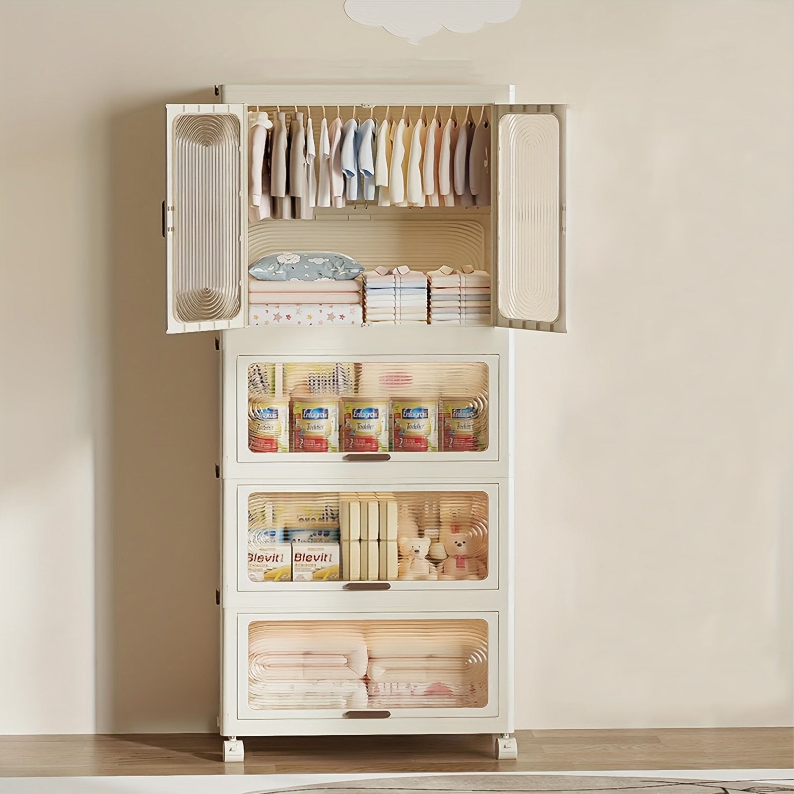 Image of 4 Tier Portable Wardrobe Closet, Collapsible Wardrobe Closet With Hanging Rod & 10 Hangers, Plastic Storage Box With Wheels For Bedroom Dormitory