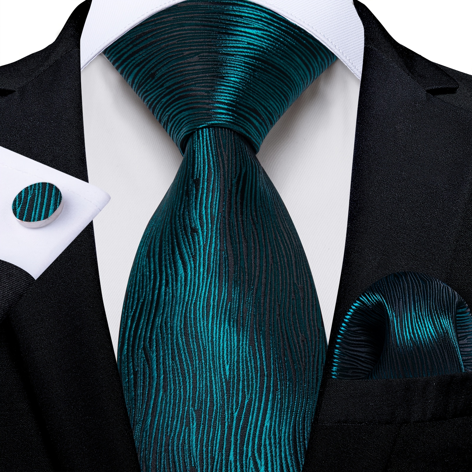Image of Stylish Men's Tie Featuring A Emerald Green , Complete With A Matching Pocket Square And Cufflinks, Perfect For Fashion Occasions, Romantic Evenings, And As A Gift