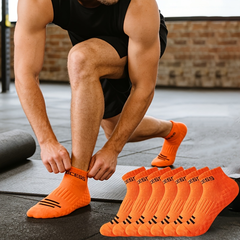 Image of 7 Pairs Fluorescent Orange Unisex Socks, Soft Breathable Blend With Non-slip Towel Bottom, Sweat-absorbent, Ideal For Outdoor Activities And Casual Wear - Perfect Gift For , Sweat-resistant