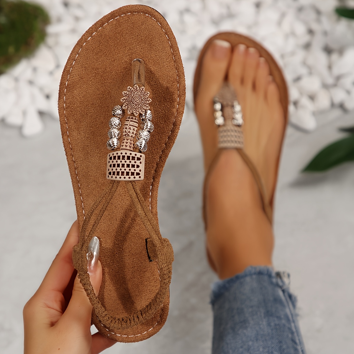 

1 Pair Women's Summer Casual Flat Sandals With Beaded Roman Strap, Open Toe, Solid Color, Fabric Upper & Inner, , Comfortable Hand Washable Footwear