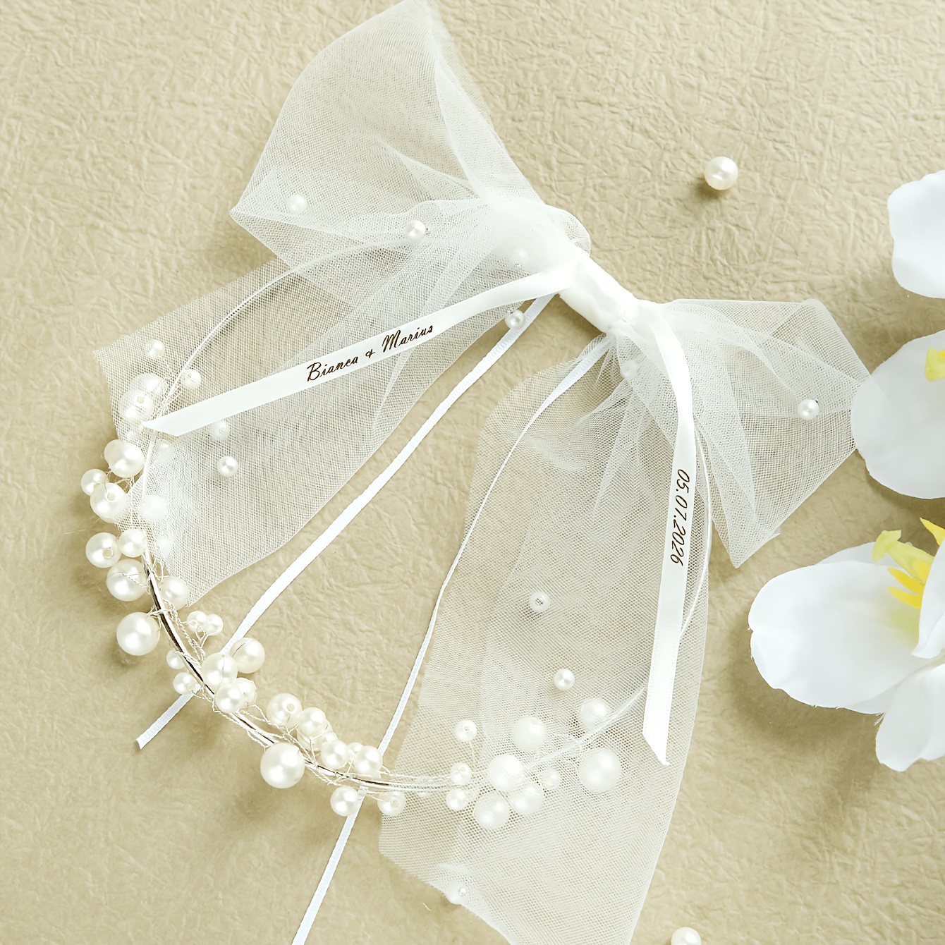 TEMU 1pc Personalized Name & Date Wedding Ring Holder With Pearl Bow And Ribbon Customized Ceremony Ring Holder Rustic Boho Circle Ring Holder For