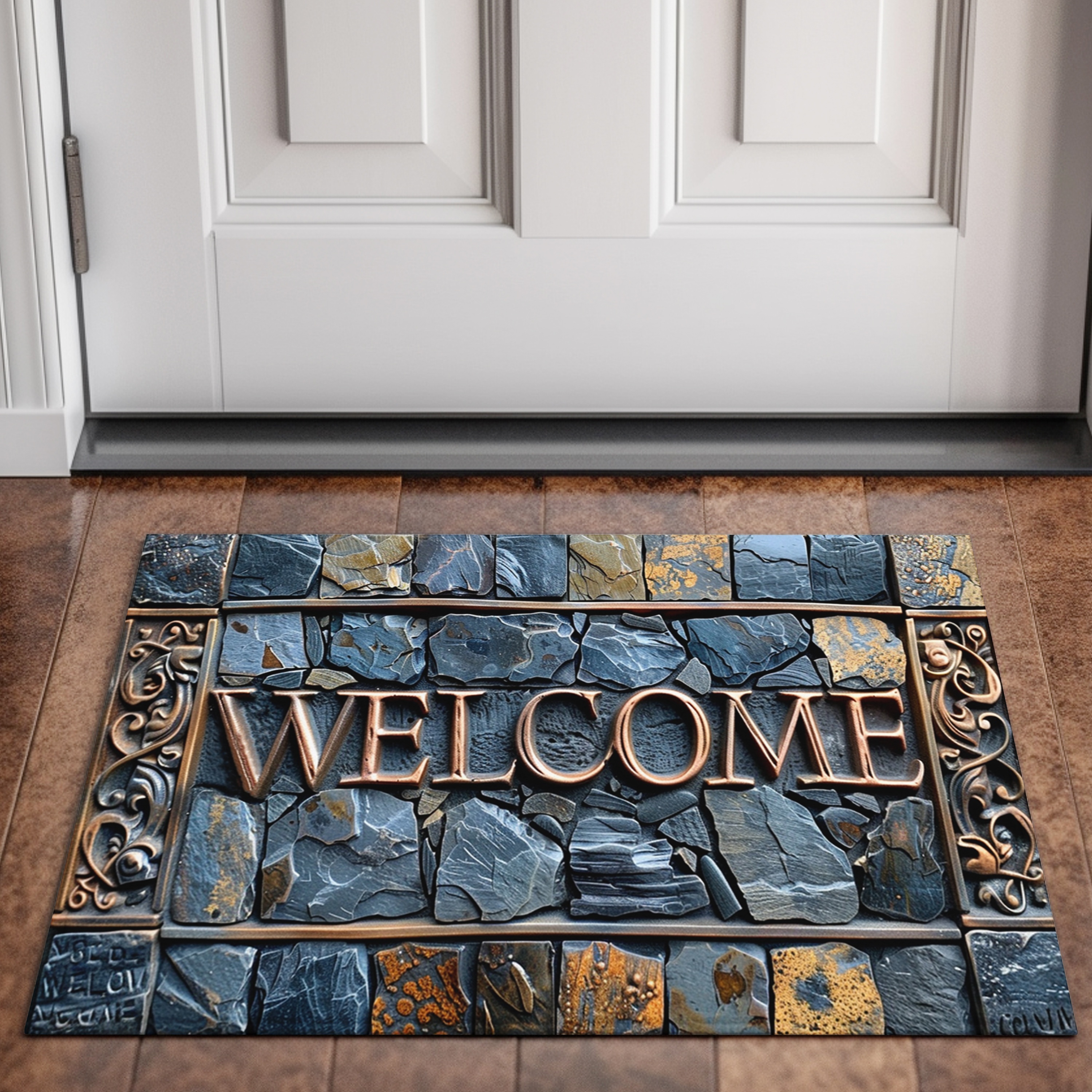 

high-traffic Ready" Welcome Cobblestone 3d Stone Pattern Rug - Non-slip, Waterproof, Machine Washable Polyester Carpet For Home & Outdoor Decor - Perfect For Entrance, Living Room, Bathroom, Balcony