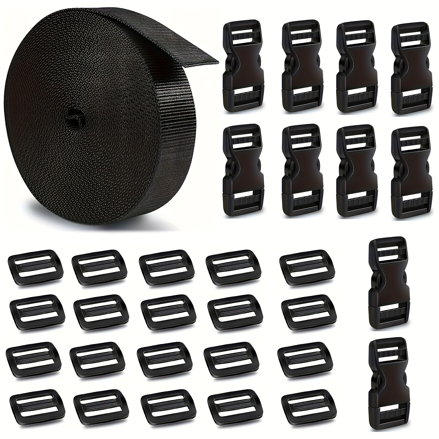 E-shop 1-Zoll Schnallen Set: 10M Nylonband, 10 Schnellverschluss-Schnallen, 20 Gleitlager, Hochleistungs-Schnellverschluss-Schnallen,