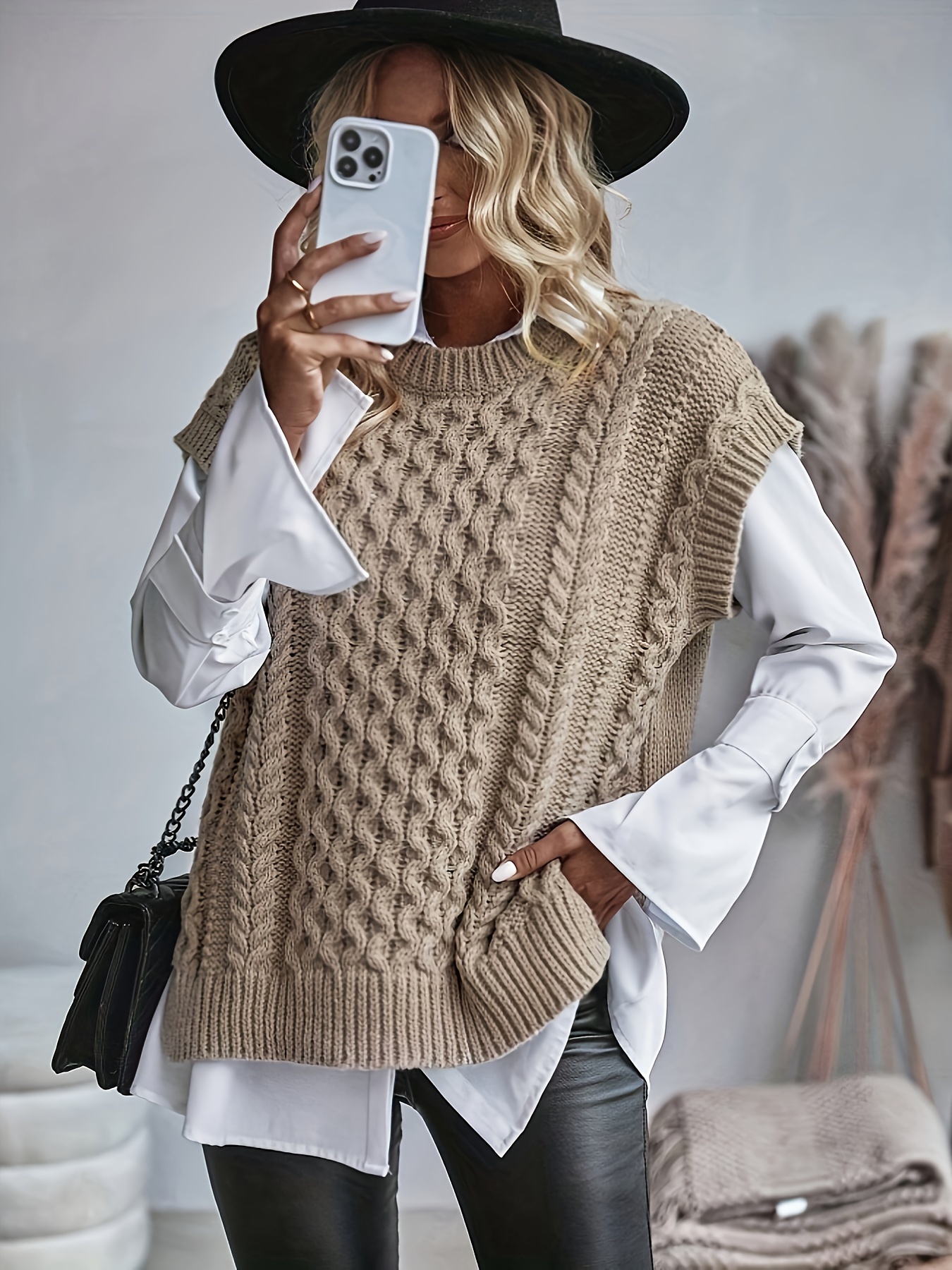 plus size twist textured sweater vest casual side split Temu United Kingdom