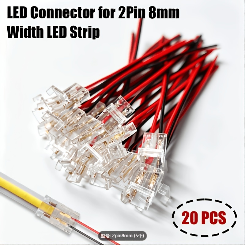 TEMU 20-pack Solderless 2-pin Cob Strip Connector With 4.33-inch Wire, 8mm Adapter, Compatible With 2835/3528 Cob/smd Light Strips, For Indoor Home