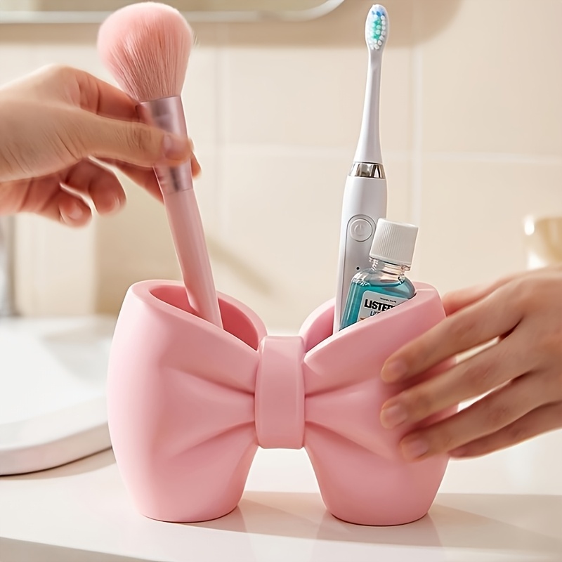 TEMU 2-hole Creative Bow Tie Toothbrush Holder, Desktop Organizer, Pencil Cup, Bathroom Storage, Tabletop Accessory, Small Trash Can, Suitable For