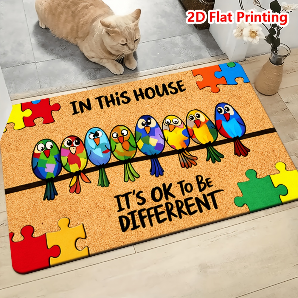 TEMU 1pc Flannel Suitable For Homes Non-slip Absorbent With Colorful Jigsaw Bird Pattern, Thick Sponge Cushioning & Soft Floor, Machine Washable