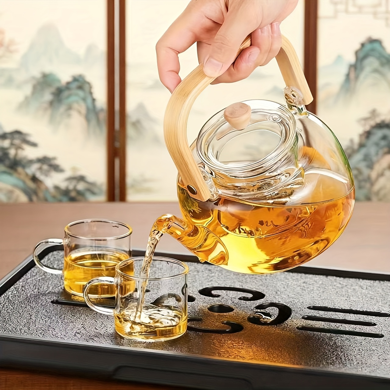 1 Tetera + Juego de 4 Tazas, Juego de Té, Vajilla para Mesa, Hecho de Vidrio de Borosilicato de Alta Resistencia - Resistente al Frío y al Calor, Apto para Placas de Inducción, Ideal para Hogar, Restaurante, Cafetería y Más