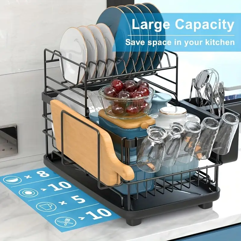 2 tier dish drying rack with drain board cutlery holder cutting board cup holder kitchen counter hooks rust proof large dish drain rack black Product details 0
