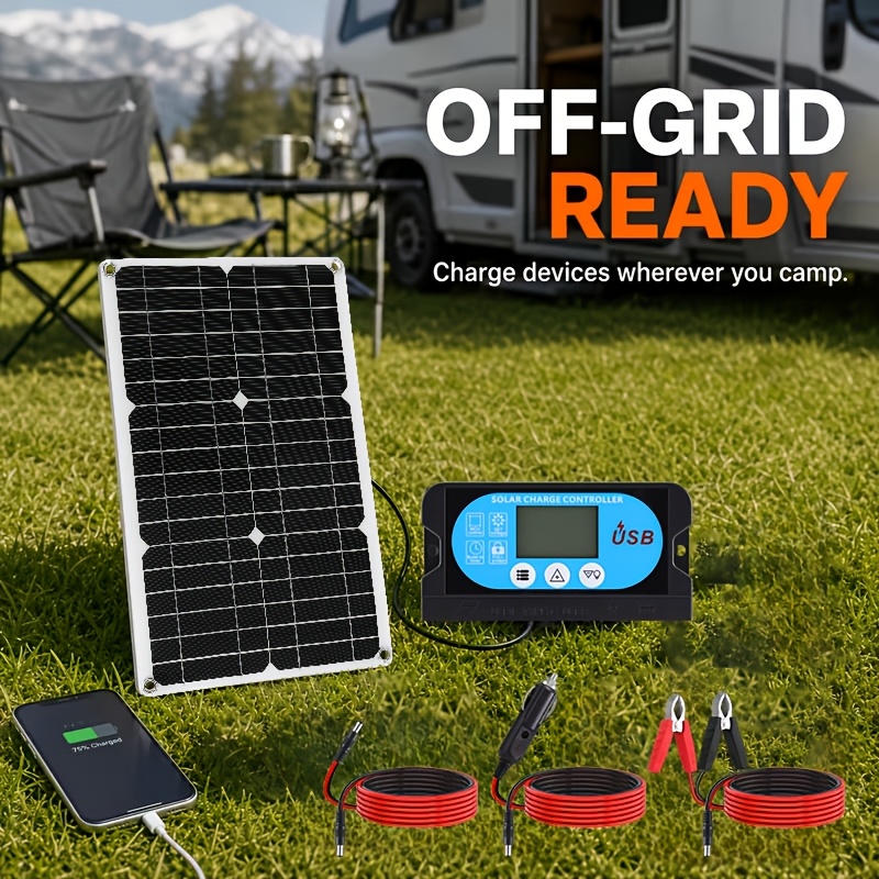 TEMU 1 Set 40w Solar Panel Charger Monocrystalline Silicon, Charge Controller Solar Panel Kit With Extension Cable Battery Clip For Rv Outdoor