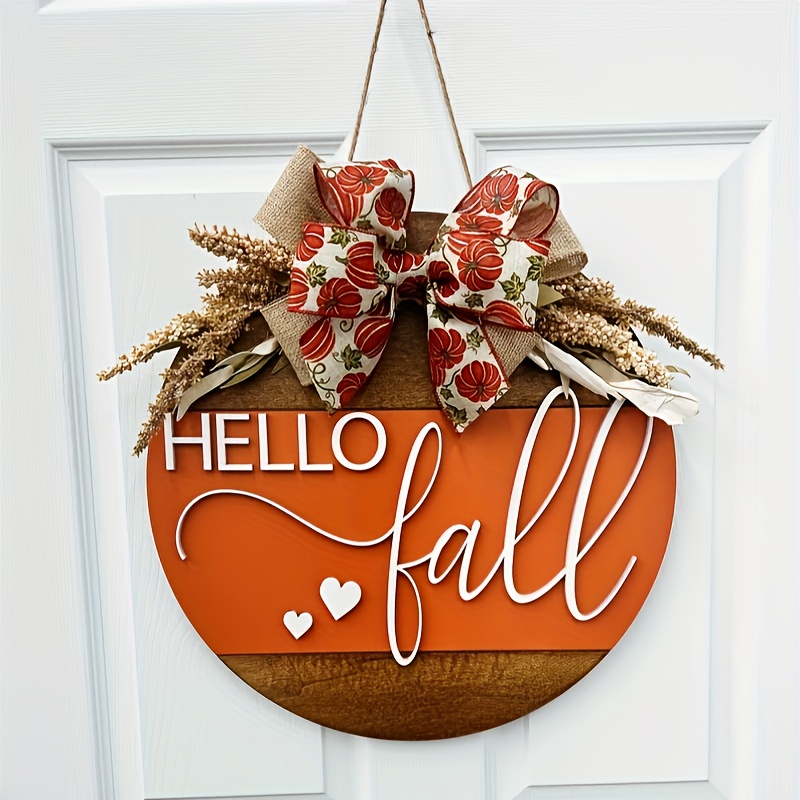 

3d Pumpkin & Door Sign - Decor With Bow, Wooden Outdoor Welcome Plaque For Porch, & Thanksgiving