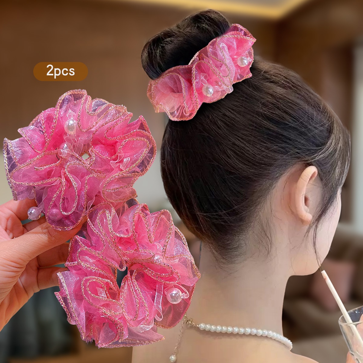 E-shop 2er-Pack süße Blumen-Haarkreise mit elastischen Bändern - lebendige rosa und lila florale Haar-Accessoires für Frauen, lässige und formelle