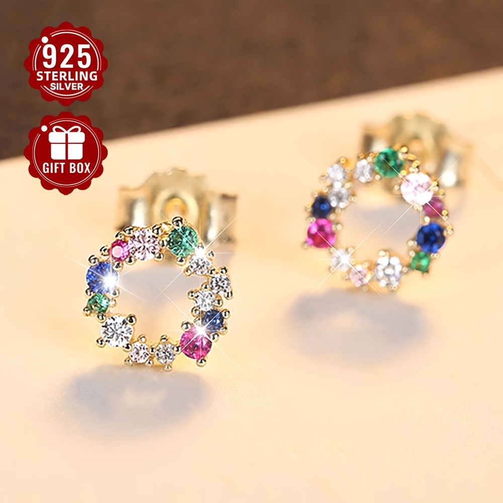 S925 Pure Silver Stud Earrings with Colorful Zirconia