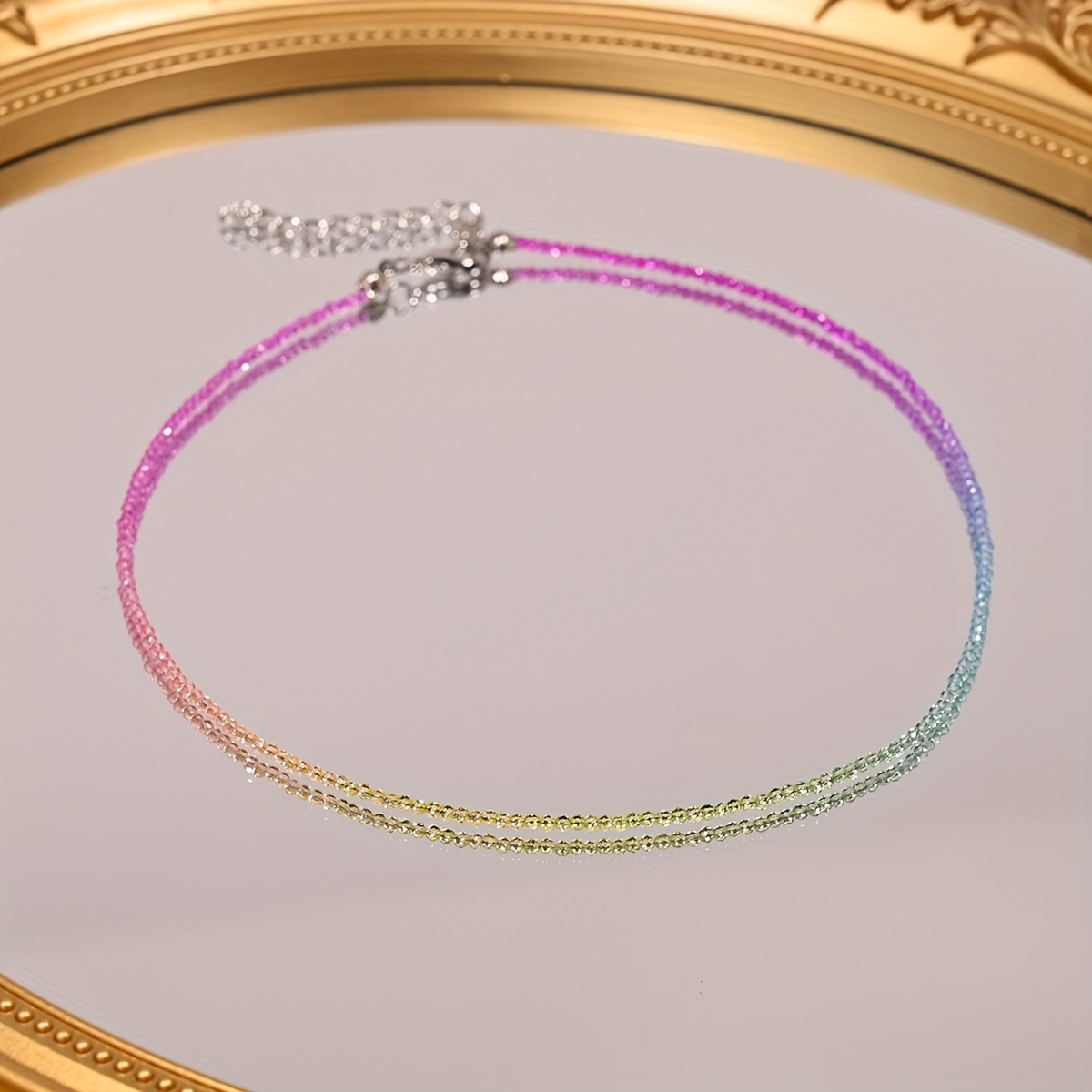 Image of Gradient Artificial Crystal Bead Necklace 2mm Fine Beads Handmade Color Matching Choker Jewelry For Women