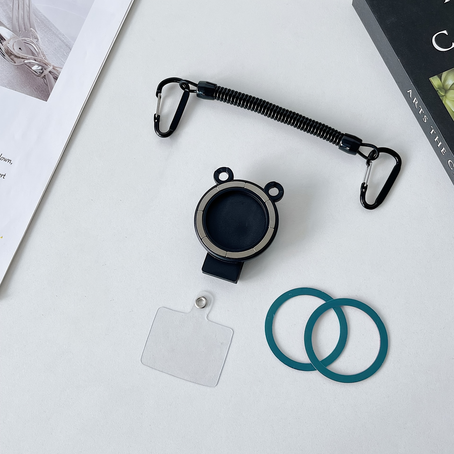 TEMU Magnetic Phone Mount With A Metal Hook And Spring Cord, Made From Sturdy Abs Material, Includes A Secure Backpack Clip, Serves As A