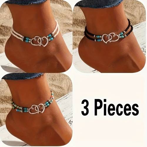 böhmische elastische fußkettchen-set, 3-teiliges fußkettchen-set mit doppelten, hohlen herzen, elegante perlen, ideales geschenk für frauen