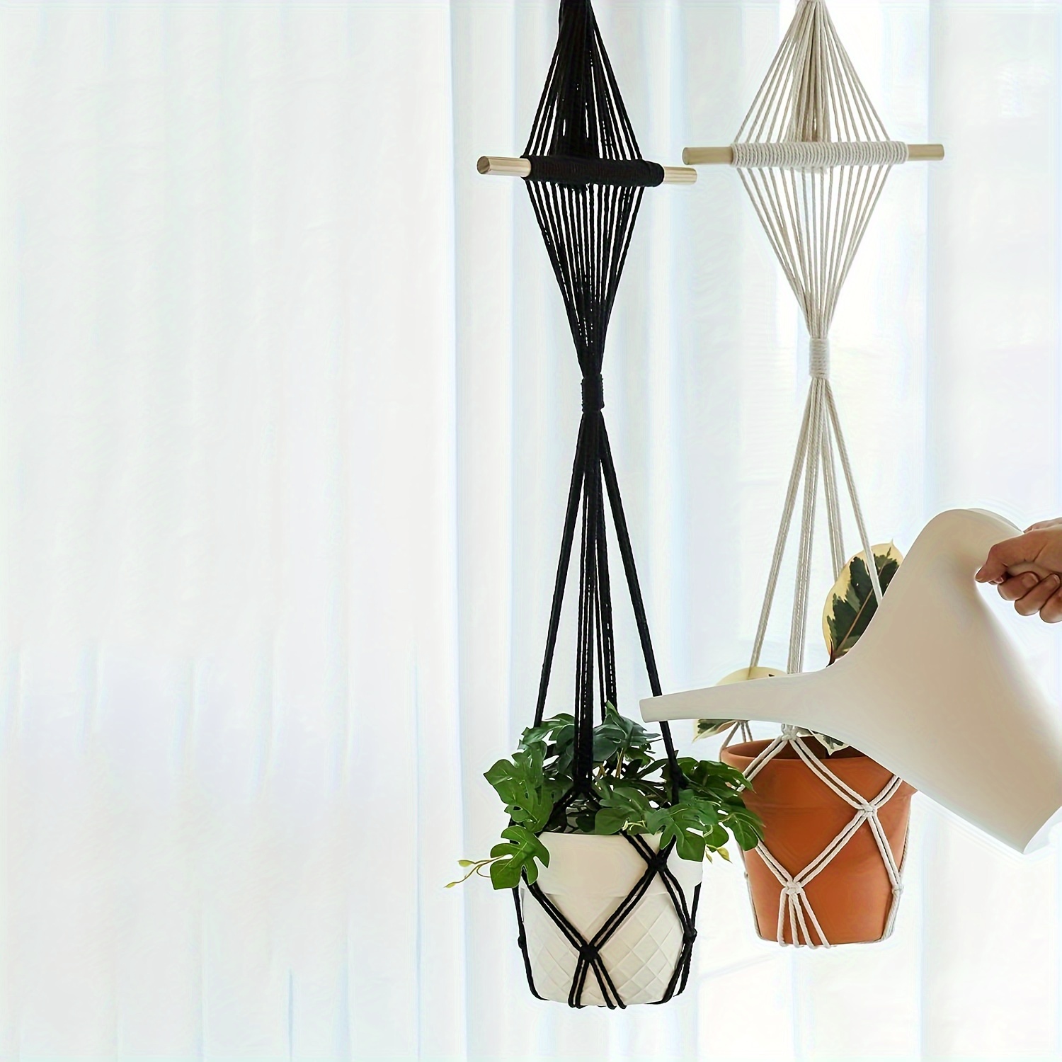 Macrame - Confezione da 3 ganci per piante da soffitto, 35 cm, marrone da appendere, con 6