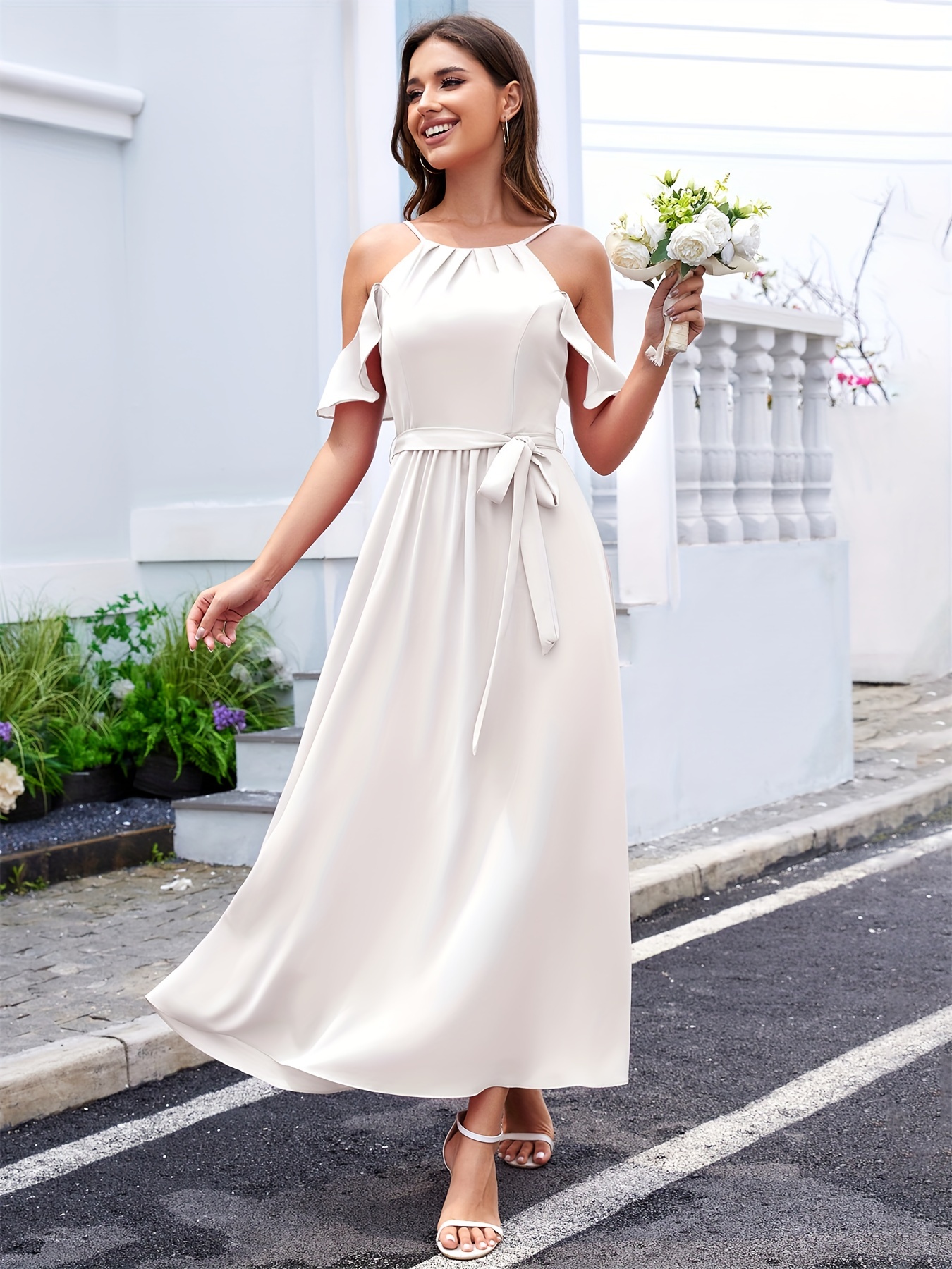 elegant light bridesmaid dress ruffle detail - Temu