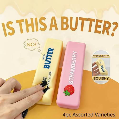 4pcs butter strawberry bar slow squishies food shaped fidget squishies party favors classroom reward mini toys retro aesthetic desk decor viral fidgets student anxiety relief calming gifts photo