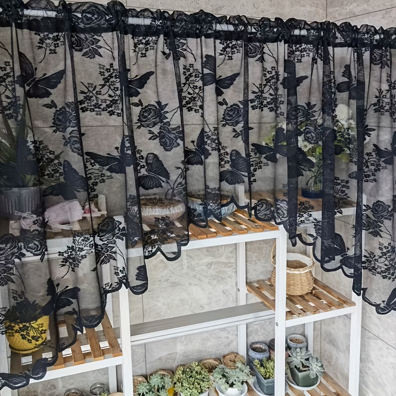 TEMU 1pc Elegant French Valance Curtain With Lace & Floral Semi-sheer Panel - Rod Suitable For Kitchen, Cafe,, Balcony Window Valances, Machine