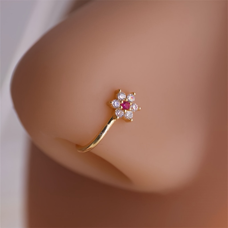 Image of 1pc Of Ladies Fashion Flower Inlaid Red Synthetic Zirconia U-shaped Nose Clip No Piercing Adjustable Bohemian Retro Style Personality Suitable For Daily Vacation Banquet Suitable For Thanksgiving To