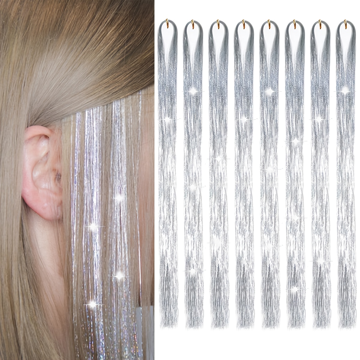8pcs   glitter hair tinsel extensions - heat resistant, sparkling fairy hair accessories for women,   halloween & parties, party hair accessory | glittery hair extensions | heat resistant fiber, hair accessories Product details 5