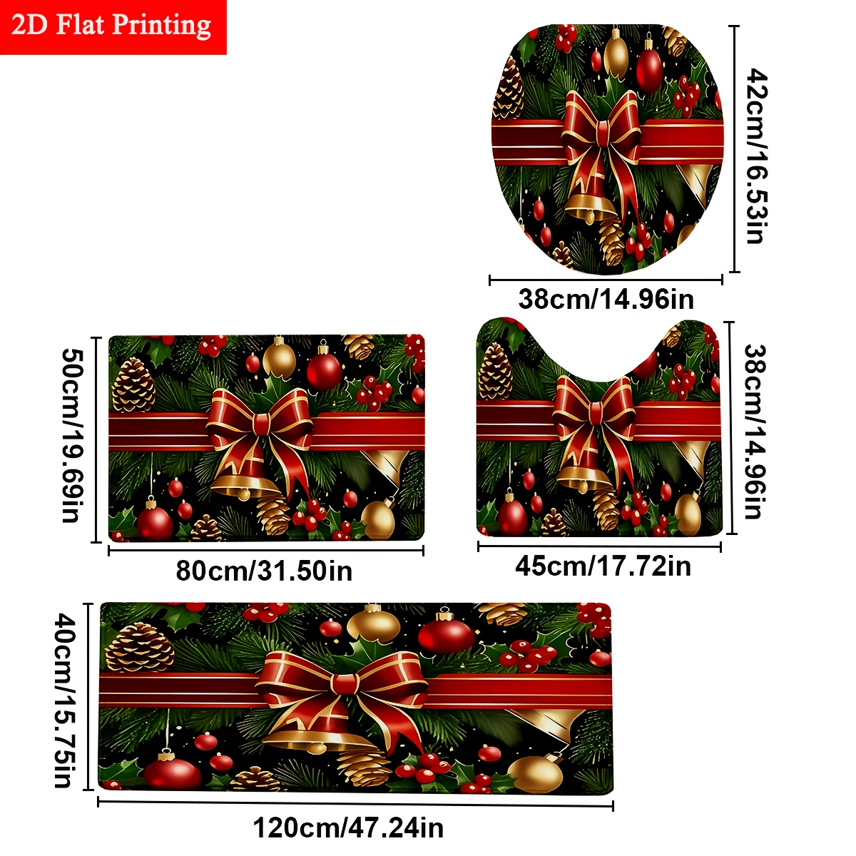 TEMU 2d Flat, 4pcs/set: 2d Flat Printing Christmas Bathroom Rug Set - Festive Decor For Bathtub, Shower, And Toilet Seat Cover, 2d Flat