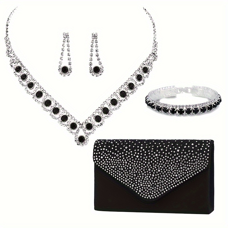 

Fashion Ladies Evening Set Includes A Handbag, 2 Rhinestone Earrings, A Necklace, Elegant And Luxurious Evening Clutch Bag With Rhinestones, Suitable For Party.