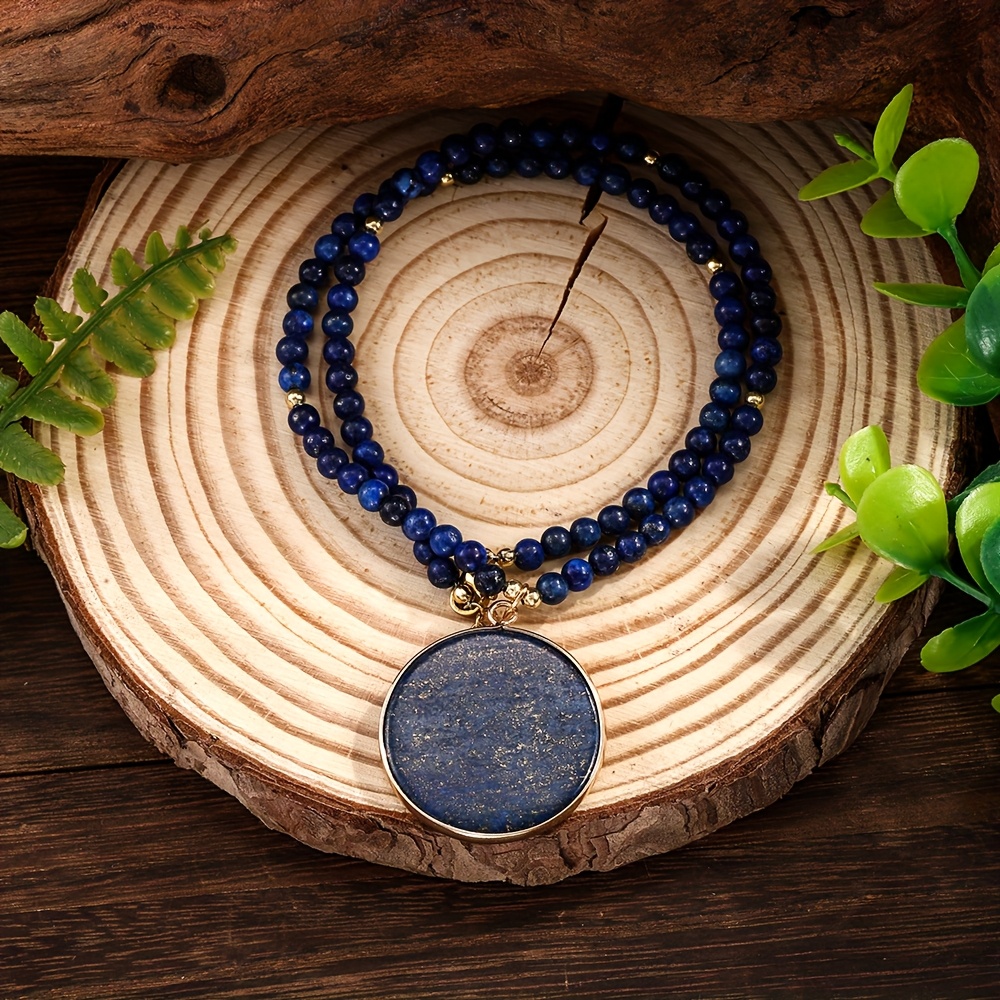 E-shop Natürliche Lapis Perlenkette mit Großem Anhänger | Handgefertigter Vintage-Stil Statement Schmuck für Frauen, Zeitlos & Elegant
