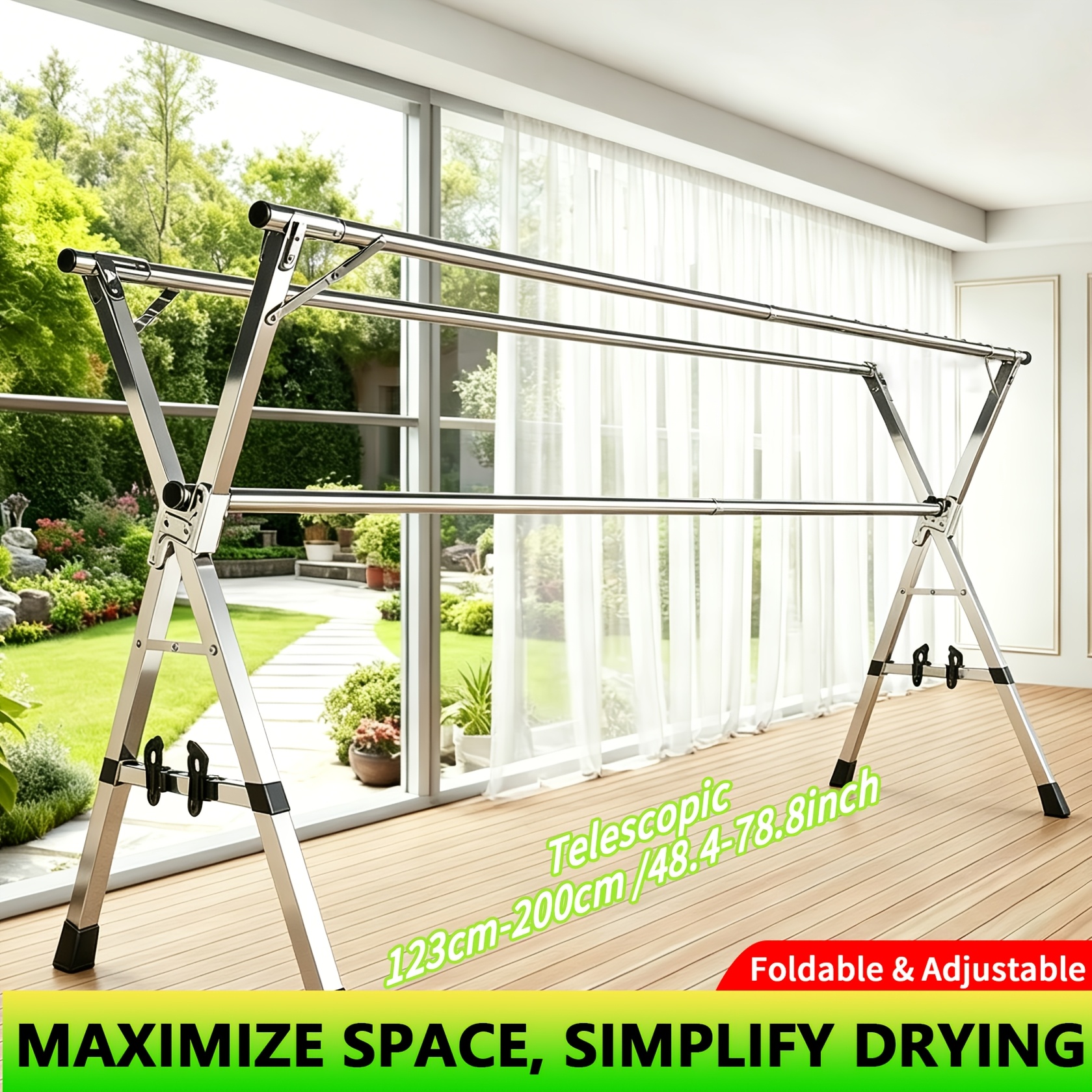 TEMU Stainless Steel Folding Clothes Drying Rack, 1pc, Space-saving, 199.9cm Telescopic Laundry Drying Rack, Collapsible Drying Line For Balcony,