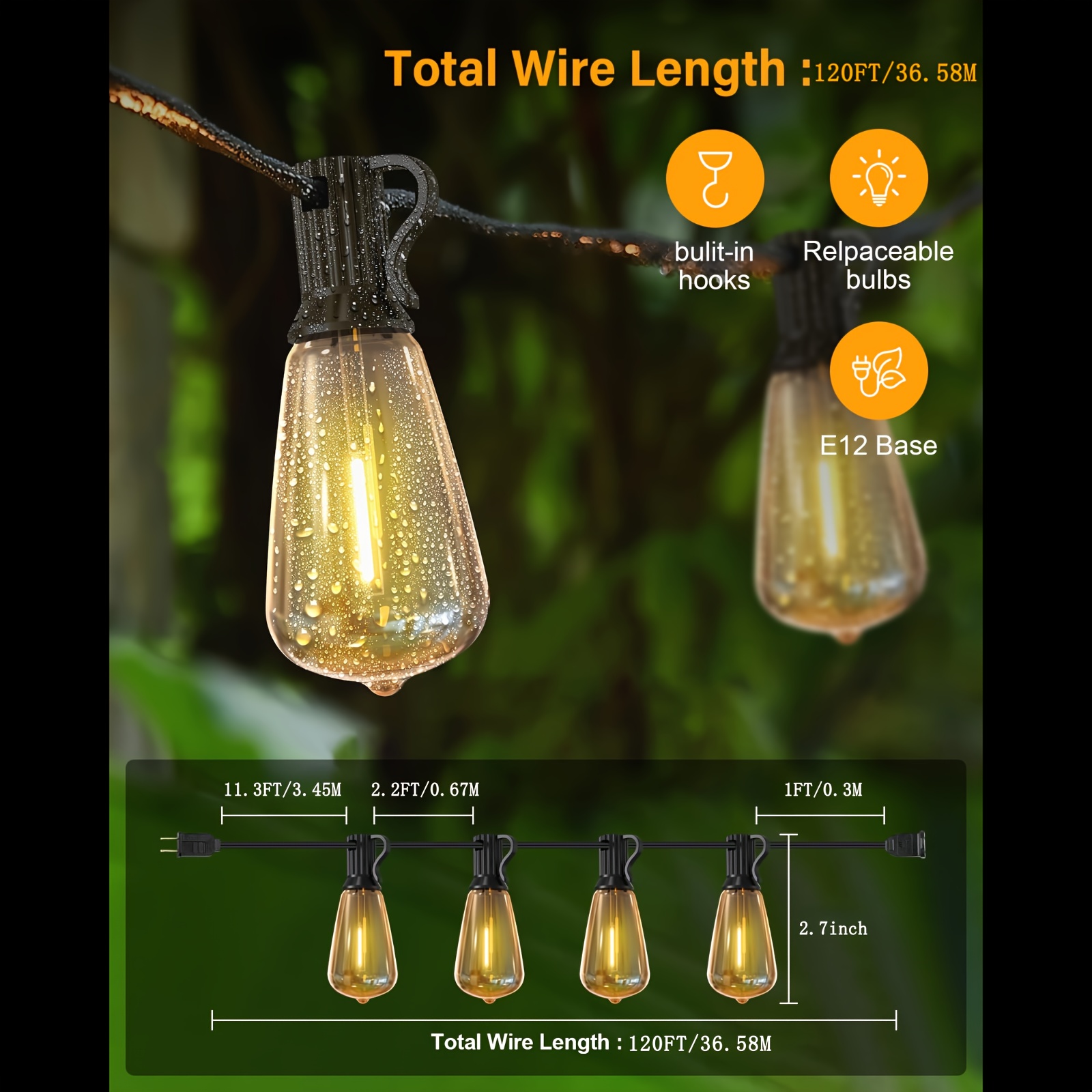 TEMU Licoopr 30/60/120/200ft Guirlandes lumineuses d'extérieur Halloween Décoration de Noël avec 12/25/50/75 LED ST38 ampoules Edison vintage -