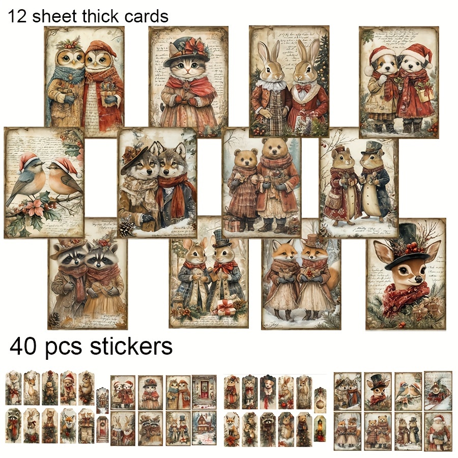 Image of Vintage Christmas Card & Sticker Set - 52pcs, Reindeer & Cat Designs For Diy Crafts, Scrapbooking, Greeting Cards & Decor