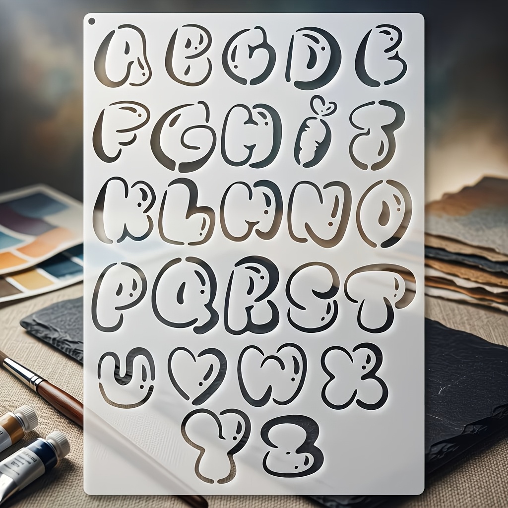 TEMU Stencil riutilizzabile A4 con lettere a bolle e alfabeto - PET lavabile per lavori fai da te, scrapbooking, decorazione di tessuti e vetro - per