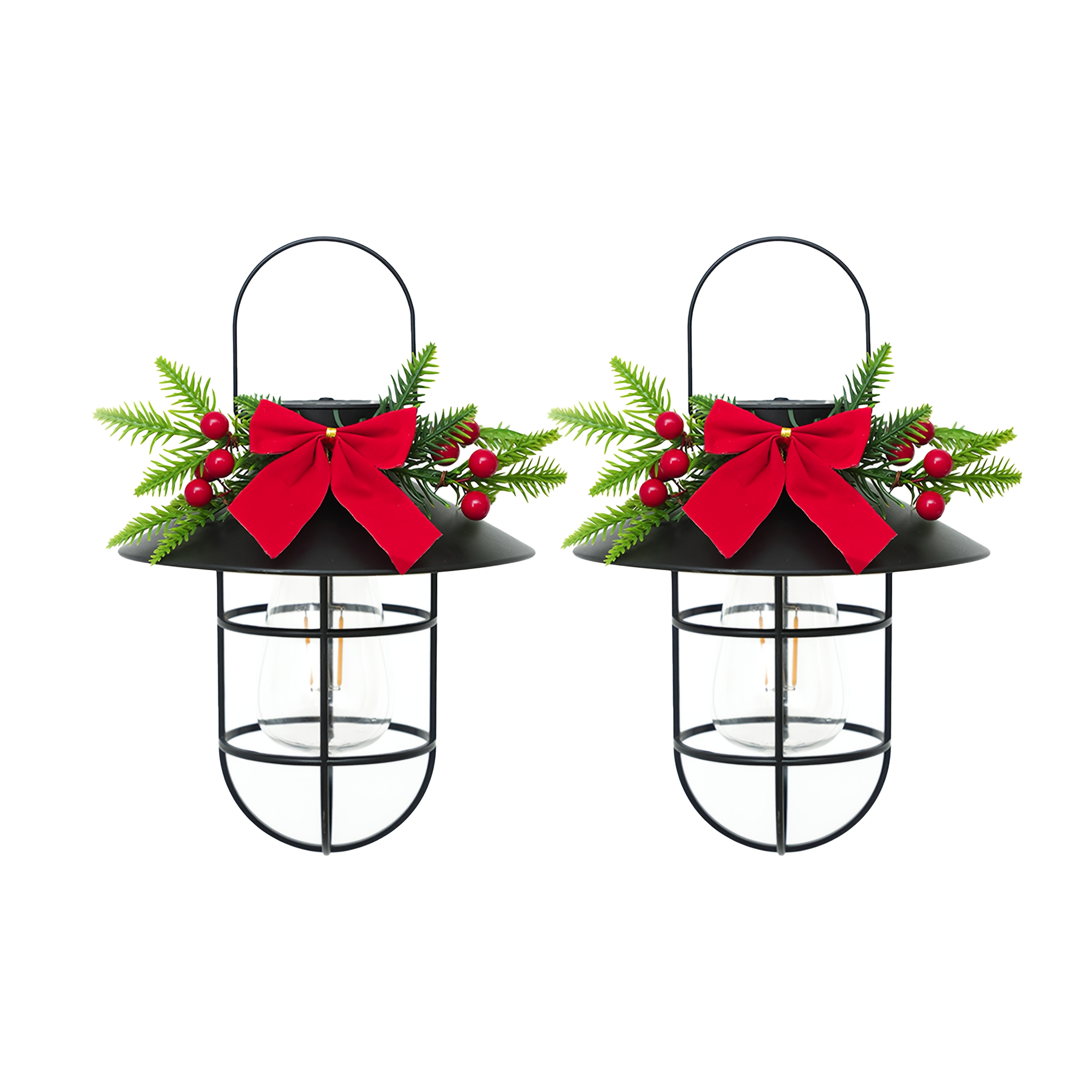 2pcs Solar Powered Christmas Hanging Lantern With Festive Wreath & Bow, Light For Fence Patio Garden Decor Ip44 Outdoor