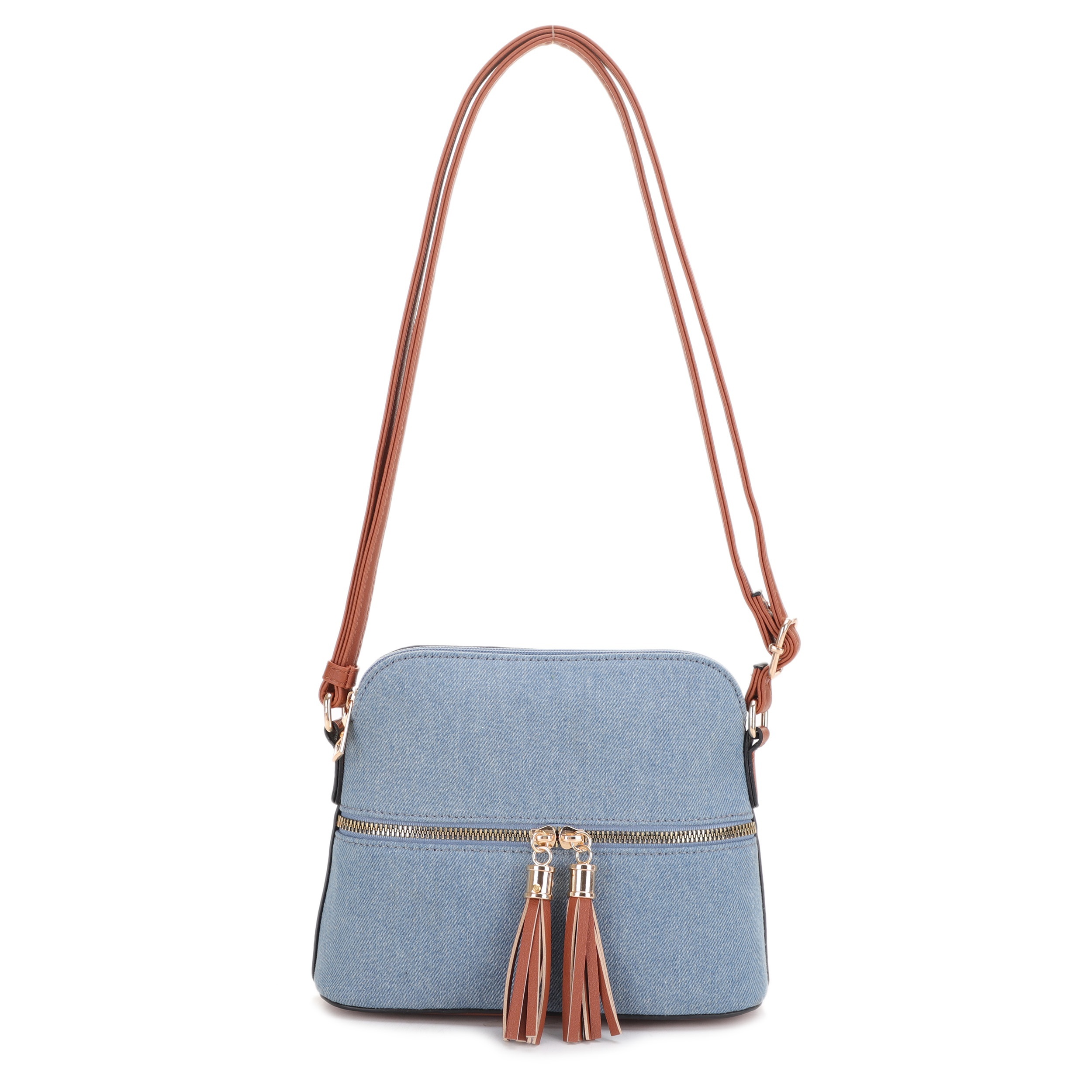 

Classic Medium Size Denim Blue Pattern Sling Bag For Women - Adjustable Strap, Tassel Detailing, Vegan Leather - Perfect Accessory For Women