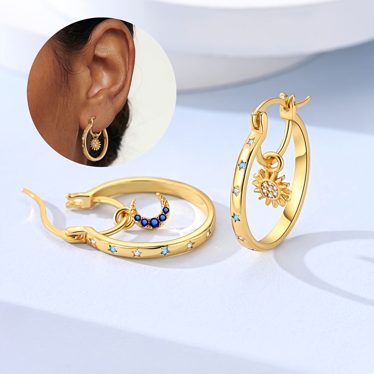 Image of A Pair Of Elegant 18k Gold Plated Hanging Sun And Moon Hoop Earrings - Perfect For Daily Wear & Ideal Gift For Her Valentine's Day